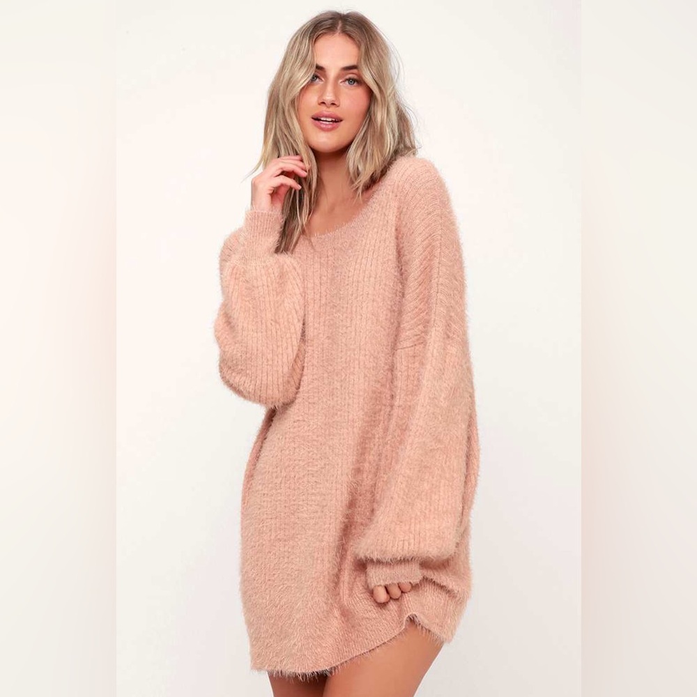 Lulus Slater Blush Pink Fuzzy Sweater Dress
